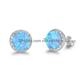 Plata Nuevo Simple 925 Sterling Sier Stud Pendientes Redondo Azul Ópalo de fuego con Zirconia cúbica Regalo de joyería de boda Entrega de gota Fina Dhv5Z