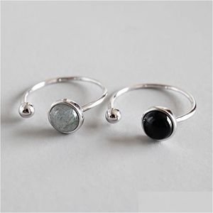 Argent Nouveau Style Simple 925 Sterling Sier Perles Rondes Agate Noire Pierre De Lune Ouverte Taille Anneaux Pour Les Femmes Déclaration Anneau Réglable Dro Dh8Ya