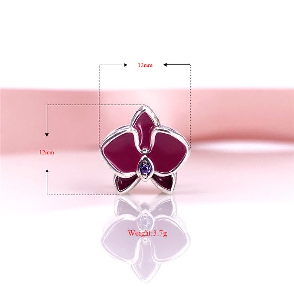 Silver Orchid Charm Authentic 925 Perle de silve sterling avec émail violet Fit European DIY Bracelet Collier Jewelry 792074en69