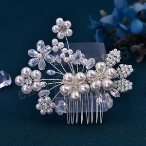 Zilveren Parel Strass Bruiloft Haar Kammen Bloem Haaraccessoires voor Vrouwen Accessoire Haar Ornamenten Sieraden Bruids Hoofddeksel
