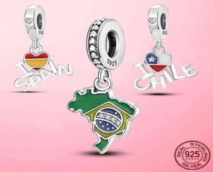 Silver Pendant 925 Silver Silver Espagne Chili Brazil Flag Love Charm Perles Fit Bracelet Original Collier Diy Bijoux1357044