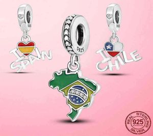 Silver Pendant 925 Silver Silver Espagne Chili Brésil Drapeau d'amour Perles de charme de bracelet original