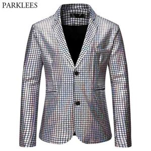 Silver Plaid Sequin Blazer Jacket Mannen Single Breasted Slim Fit Past Blazer Male Festival Carnaval Party Halloween Kostuum 210522