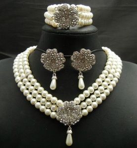 Ensemble de bijoux de mariée en perles de crème plaqué argent, collier, bracelet et boucles d'oreilles de mariage