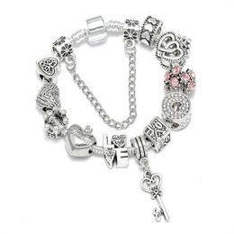 Verzilverd Hart Sleutel Hanger Charm Armbanden Voor Vrouwen Originele Meisjes Prinses Kroon Kralen Armband Vrouw Sieraden GC1955