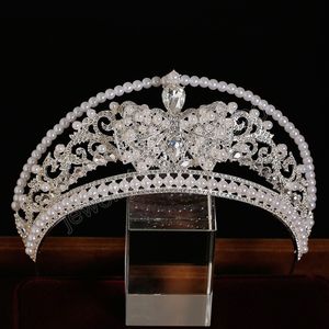 Verzilverde Koningin Prinses Diana Kroon Kristal Parel Diadeem Voor Bruids Haaraccessoires Bruid Hoofdbanden Tiara De Noiva