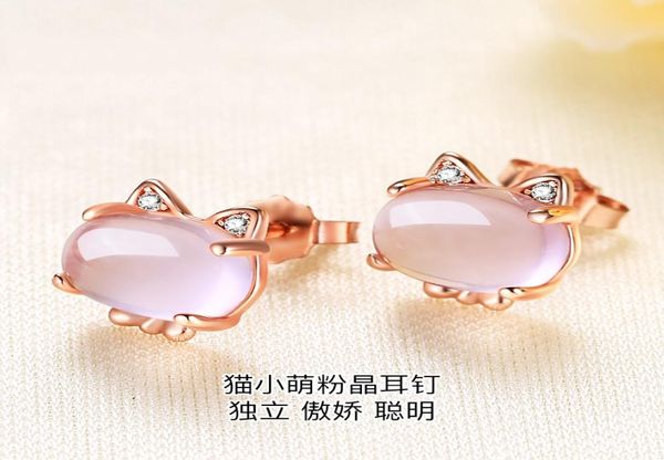 Pendientes chapados en plata de oro rosa para mujer, pendientes de gatito de cristal rosa, colgante de estilo coreano, joyería de plata con piedra de loto entera 5436980