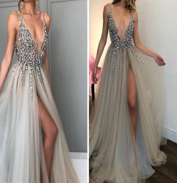 Robes de bal argentées 2019 robes de soirée formelles robes de concours fendues robe d'occasion spéciale Dubaï 2k19 fille noire couple jour dos nu8661255