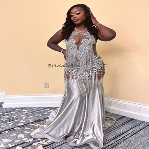 Silver Prom -jurken voor zwarte meisjes 2024 Diamant Aso Ebi Afrikaanse Mermaid Luxury kralen Tassel avondjurk Verjaardagsfeestje formele kleding Vestios de fiesta plus maat
