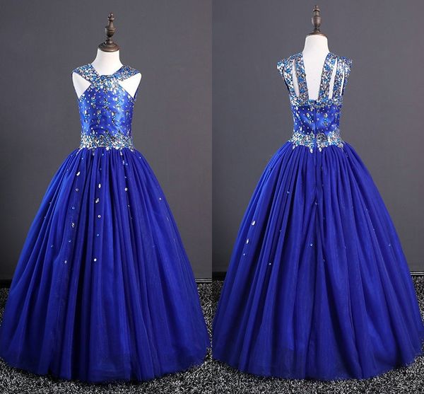 Rhinestones plateados Royal Blue Girls Pageant Vestidos de graduación 2020 Diseñador Volver Princesa Tulle Fiesta de cumpleaños Vestidos de noche para niños