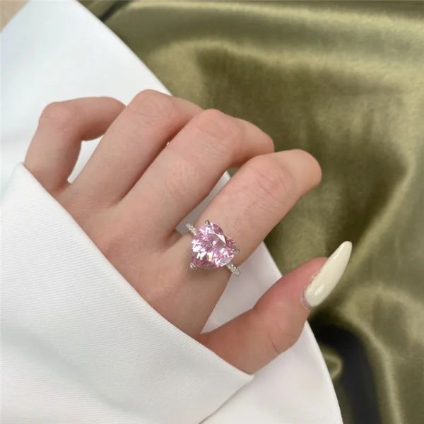 anillos de plata joyería tamaño 5-9 anillo de diseño de diamante rosa para mujer plata de ley 925 circonita 5A pera redonda amor boda compromiso corazón anillos para mujer