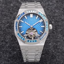 Silver Royal Watches reloj de lujo ETA big CZ diamantes bisel Esqueleto volante movimiento automático esfera azul Men Sapphire Watches Caja de acero inoxidable 904L