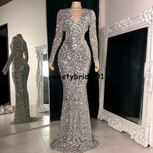Robe de soirée formelle Silver Saisquine Manches longues Robe de bal sirène Dubai Arabe Femmes 2021 Vestidos de Fiesta Robes de pageant