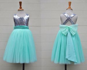 Argent Sequin Menthe Tulle Fleur Filles Robe Bébé Infant Toddler Enfants Robe Juniors Pour Mariage Pageant Tulle Robes