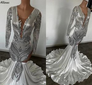 Zilveren Lovertjes Kant Zeemeermin Avondjurken Aso Ebi Lange Mouwen V-hals Dames Formele Feestjurken Slank en Flare Plus Size Tweede Receptie Galajurken vestidos CL3421