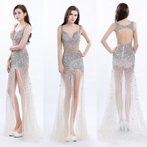 Zilveren Shinning V-hals Prom Jurken Sexy Side Split Open Back See Through Avondjurken Pailletten Beaded Rands Formele feestjurk