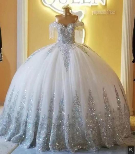 Robe de mariée argentée scintillante, épaules dénudées, dentelle, Tulle, pompon appliqué, Robe de mariée longue, 2013071