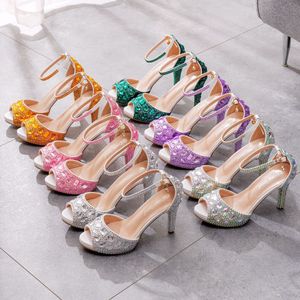 Zilveren Sparkly Hoge Hakken Enkelband Glitter Schoenen Platform Pumps 2022 34-42 10cm Bruiloft Bruid Party Cocktail Prom Quinceanera Verjaardag Peep Toe Groen Paars Roze