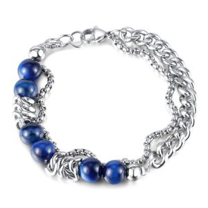 Bracelet en perles d'oeil de tigre bleu en acier inoxydable, argent, chaîne multicouche, bijoux pour femmes et hommes, cadeaux n1501