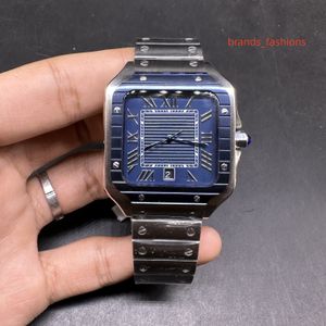 Montre pour homme en acier inoxydable argenté cadran bleu carré montre mécanique automatique de qualité supérieure