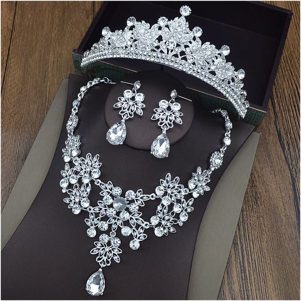 Couronnes de diadèmes en argent pour bijoux de cheveux de mariage, boucles d'oreilles, collier, boucles d'oreilles, bon marché, robes de soirée de bal pour filles, Accessori275S