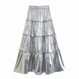 Jupes Aline fluides plissées métalliques à plusieurs niveaux argentées, jupe mi-longue à taille élastique pour femmes, pour fête, 240323