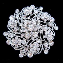 Zilverkleurige legering strass kristal vintage look bloem bruidstaart broche