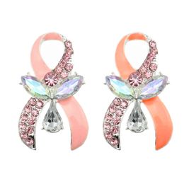 Silver Tone Rhinestone Crystal Pink Orange Enamel Ribbon Bow Broches Borstkanker Awareness Broche Pins Voor Vrouwen