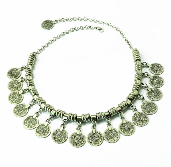 Carving TURC argent évider Collier Coin strass motif floral Boho Gypsy Beachy Bijoux festival tribal ethnique turc Bohême