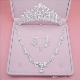 Argent mariage mariée strass diadème couronne collier boucles d'oreilles cristal paon femmes fête bijoux ensembles cheveux accessoires trois Pie2580