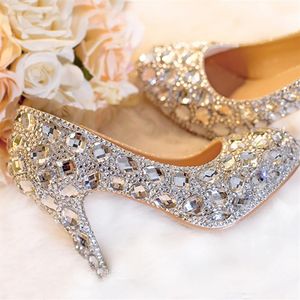 Zapatos de boda de plata Plataforma de diamantes de imitación transparente Punta cerrada 3 Zapatos de novia Bombas de cristal Tacones de fiesta de fiesta europea Todos los tamaños 347J