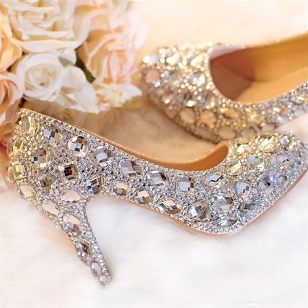 Chaussures de mariage en argent plate-forme strass clair bout fermé 3 chaussures de mariée pompes en cristal fête européenne talons de bal toutes tailles347J