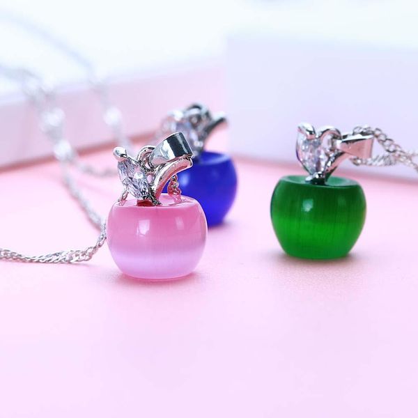 Zilveren Vrouw Hanger Ketting Mode-sieraden Hoge Kwaliteit Roze Opaal Apple Vorm Lengte 45CM