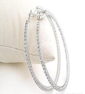 Boucles d'oreilles en forme de grand cercle argenté pour femmes, créoles avec strass en cristal, 4443800