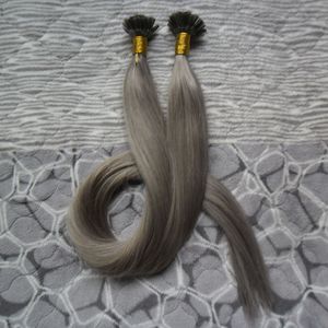 Extensions de cheveux gris argenté Vierge indienne droite pré-collée Nail U TIP Extensions de cheveux humains Fusion de kératine Nail TIP Extensions de cheveux