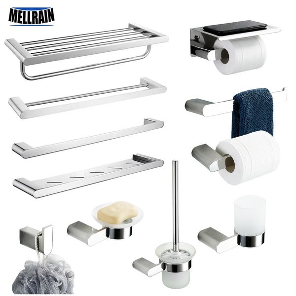 Espejo plateado Cromo Pulido Juego de accesorios de baño Toallero Soporte de papel higiénico Jabonera Toalla Barra Gancho Accesorios de baño LJ201211