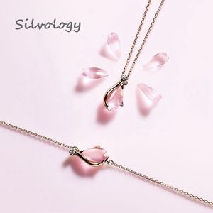 Silvology 925 Sterling Silver Cherry Blossoms Natural Rose Quartz Hanger Ketting Rose Glod Romantische Ketting Vrouwelijke Sieraden Q0531