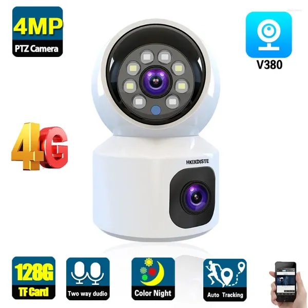 Caméra d'intérieur avec carte Sim, double objectif, 4mp, Vision nocturne couleur, Audio bidirectionnel, suivi automatique, vidéosurveillance sans fil