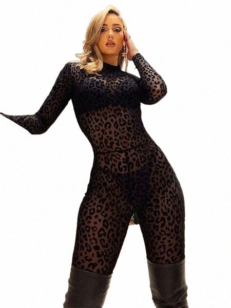 Simenual Animal Instinct Mesh Bodystocking Léopard Voir à travers Velours Lg Manches Barboteuses Femmes Combinaison Sexy Minuit Clubwear N4kk #