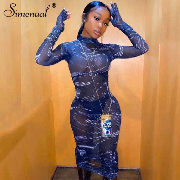 Simenual Mesh See Through Sexy Hot Maxi Dress Femmes Manches Longues avec Gants Party Clubwear Imprimer 2021 Évider Robes Moulantes X0521