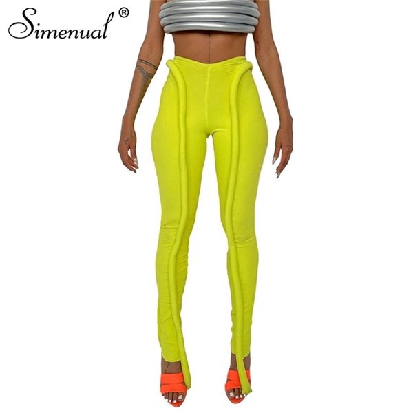 Simenual Néon Vert Nervuré Fitness Femmes Leggings Mode Streetwear Mi Taille Automne Pantalon Sportif Entraînement Leggins Casual 211204