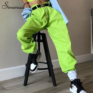 Simenual Bolsillos neón verde pantalones cargo mujeres cintura alta streetwear pantalones cintura alta de gran tamaño 2019 primavera pantalones de chándal moda T200727