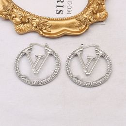 Eenvoudige 18K Vergulde 925 Zilver Luxe Merk Ontwerpers Ronde Letters Hoop Stud Geometrisch Beroemde Vrouwen Kristal Strass Grote Kleine Oorbel Bruiloft Sieraden