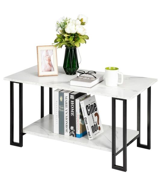 Table basse en fer simple 2 couches de 15 cm d'épaisseur MDF Imitation en marbre carré table de rangement de table de table blanc4821444