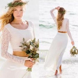 Simple 2017 Boho Beach Trouwjurken Twee Stukjes Goedkope Scoop Illusion Lange Mouwen Kant en Chiffon Enkle Lengte Bruidsjurken Casual EN7245