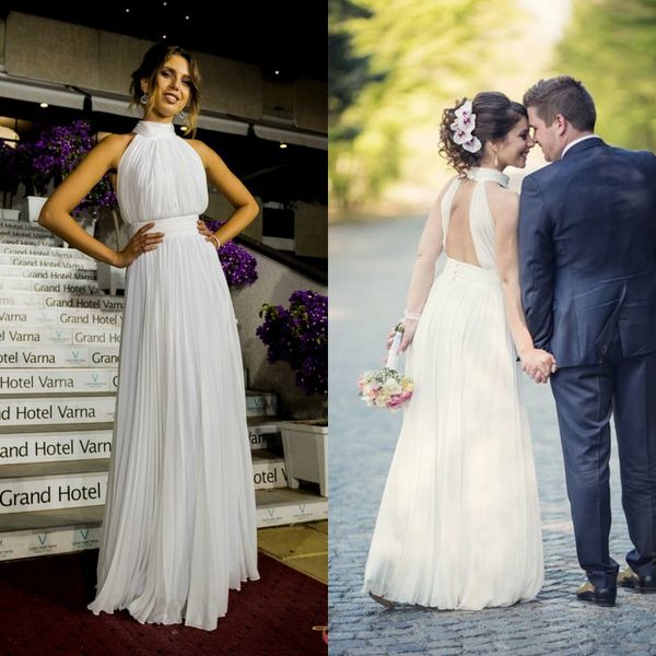 Simple 2017 elegante gasa blanca plisada Boho vestidos de novia baratos cuello alto sin espalda vestidos de novia por encargo China EN11155