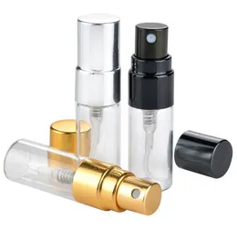 Simple 2Ml 2.5Ml 3Ml Clear Spray Bottle Envase de vidrio vacío con Black Silver Gold Pump Spray Wholelale