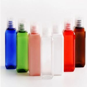 Simple 50ml (1 2/3OZ) colores surtidos relleno de botellas de plástico para mascotas botellas de muestra cuadradas con tapa abatible fácil al por mayor