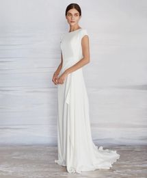 Einfaches A-Linie-Hochzeitskleid aus Krepp, schlicht, mit Flügelärmeln, Stehkragen, Sweep-Zug, informelle Boho-Strand-Brautkleider, Brautrobe 2020