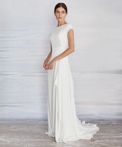 Simple A-ligne Crêpe Robe De Mariée Modeste Avec Cap Manches Col Haut Balayage Train Femmes Informel Boho Plage Robes De Mariée Robe De Mariée 2020